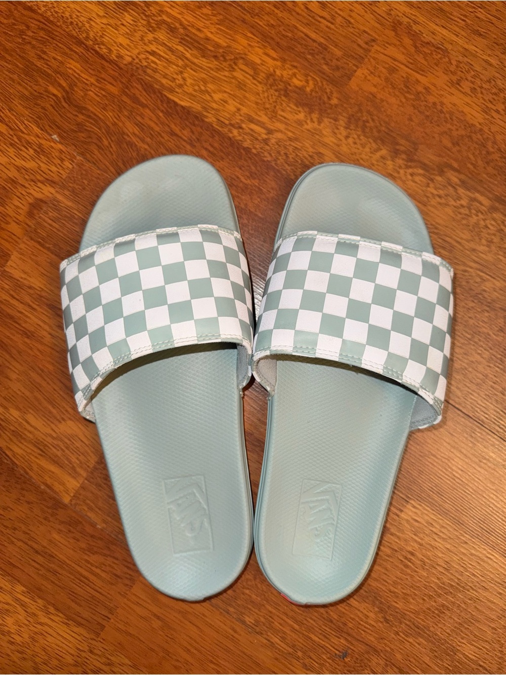 Vans Women's Checkerboard Slide Sandals in Light Teal and White